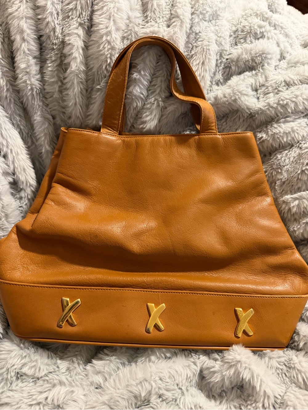 Paloma Picasso Caramel Leather Shoulder Bag with Gold X Hardware